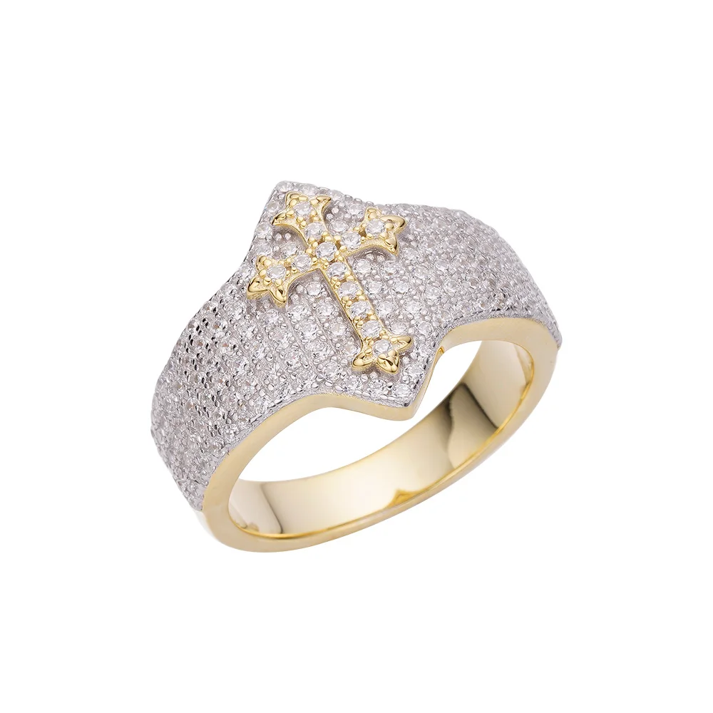Top Quality Hot Selling Geometry 925S Two Tone 14K Yellow Gold Platinum Plating Zircon Stone CZ Cross Rings