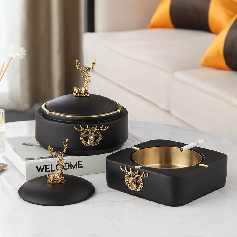 Custom Printed Logo Office Home Luxury Gold Plated Black Glazed Square Ceramic Cigarette Ash Tray Ashtray with Lid