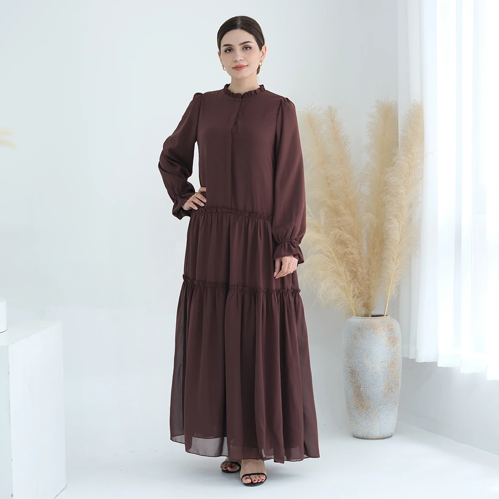 Traditional Muslim Clothing Long Sleeve Solid Color Muslim Maxi Dresses Chiffon Modest Layered Muslim Dress for women