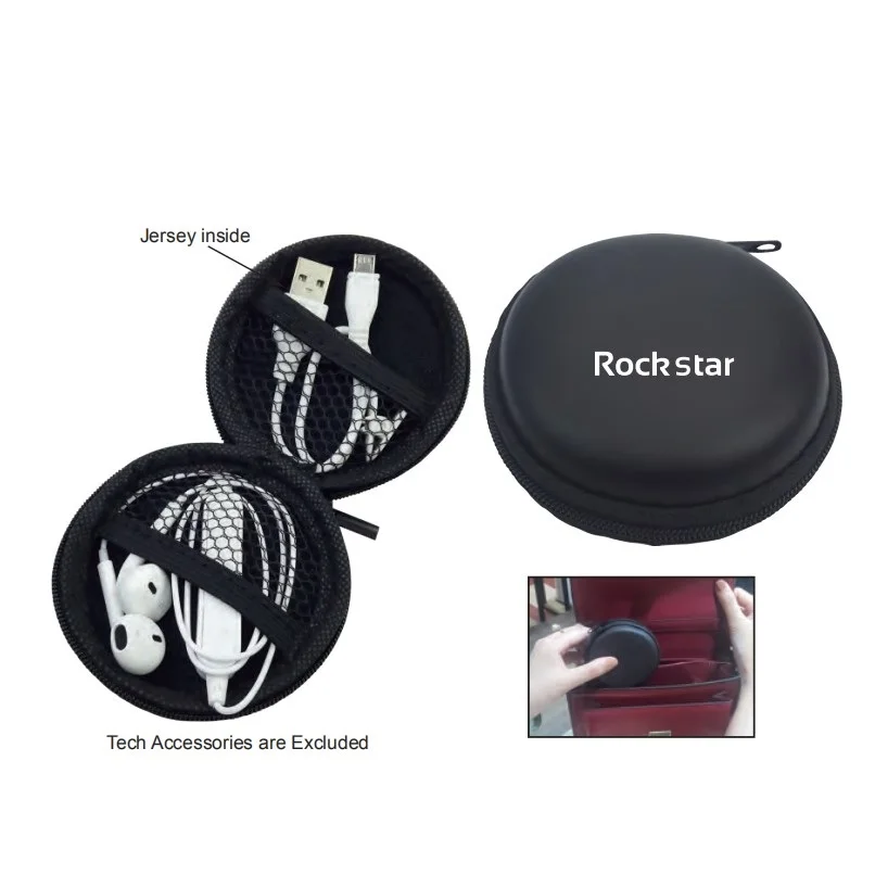 Wholesale 8cm PU Leather Round Travel Tech  Accessories Black Small Earphone Storage box