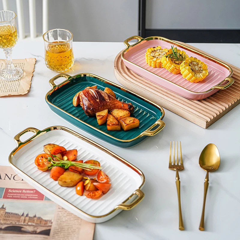 European Luxury Bakeware Dish Ceramic Gold Rim Rectangular Baking Trays Porcelain Baking Dish Serving Plates with Handle