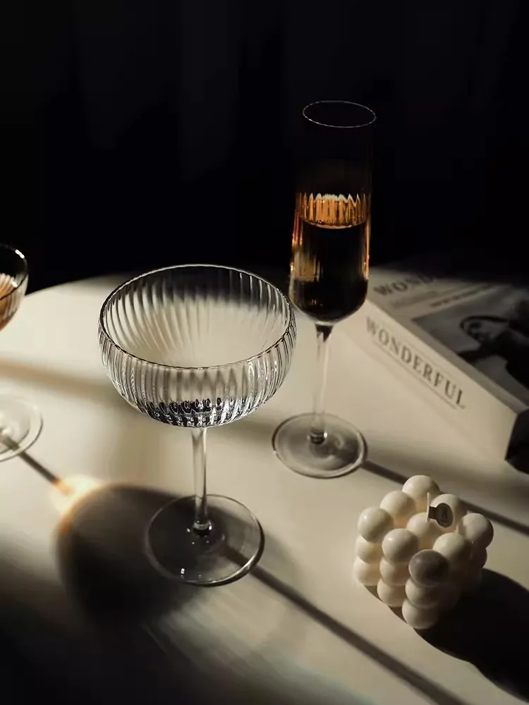 Mixing Drinking Wine Dessert Cup Round Martini Tower Glasses Ribbed Champagne Coupe Glass