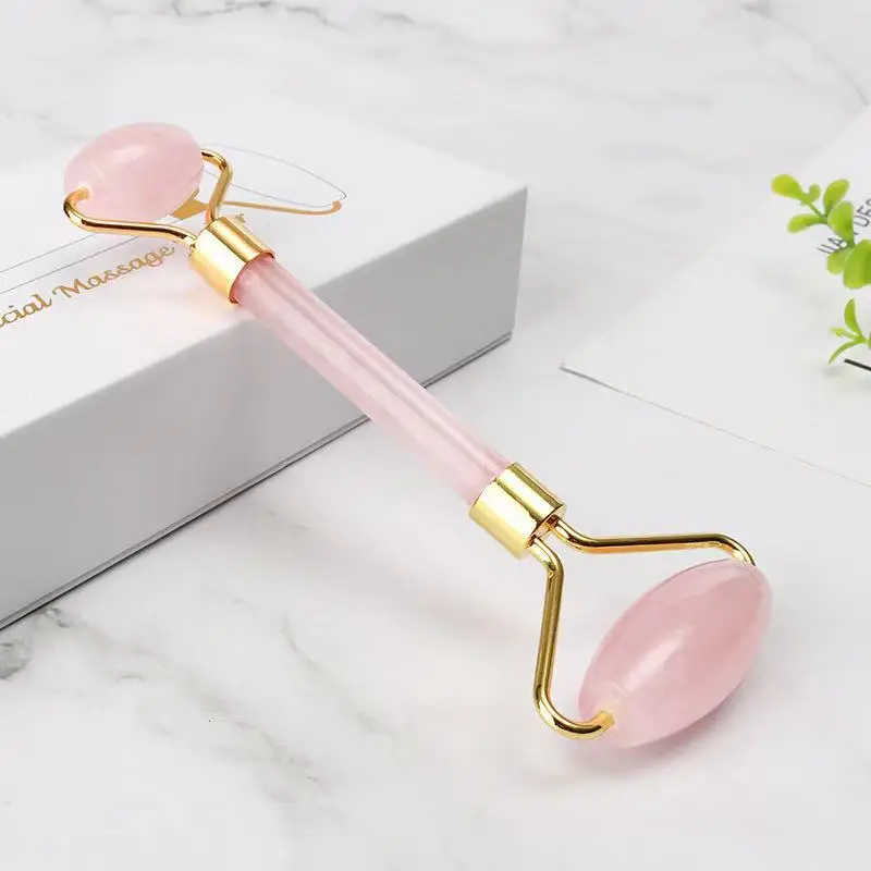 Pink Rose Quartz Stone Crystal Jade Facial Beauty Face Massage Roller Gua Sha Set Jade Roller For Face