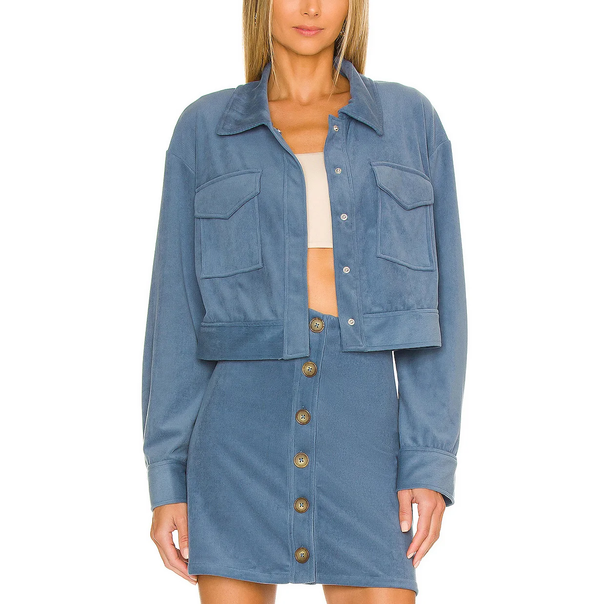 New Arrival Womens two pieces outfits sets Soft Corduroy Crop Jacket and Mini Skirt for Women Stylish Chic Causal Corduroy sets
