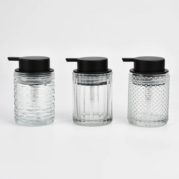 250 ml 8 oz Straight Cylindrical Vertical Stripe Glass Liquid Soap Dispenser with Matte Black Big Plastic Lotion Pump