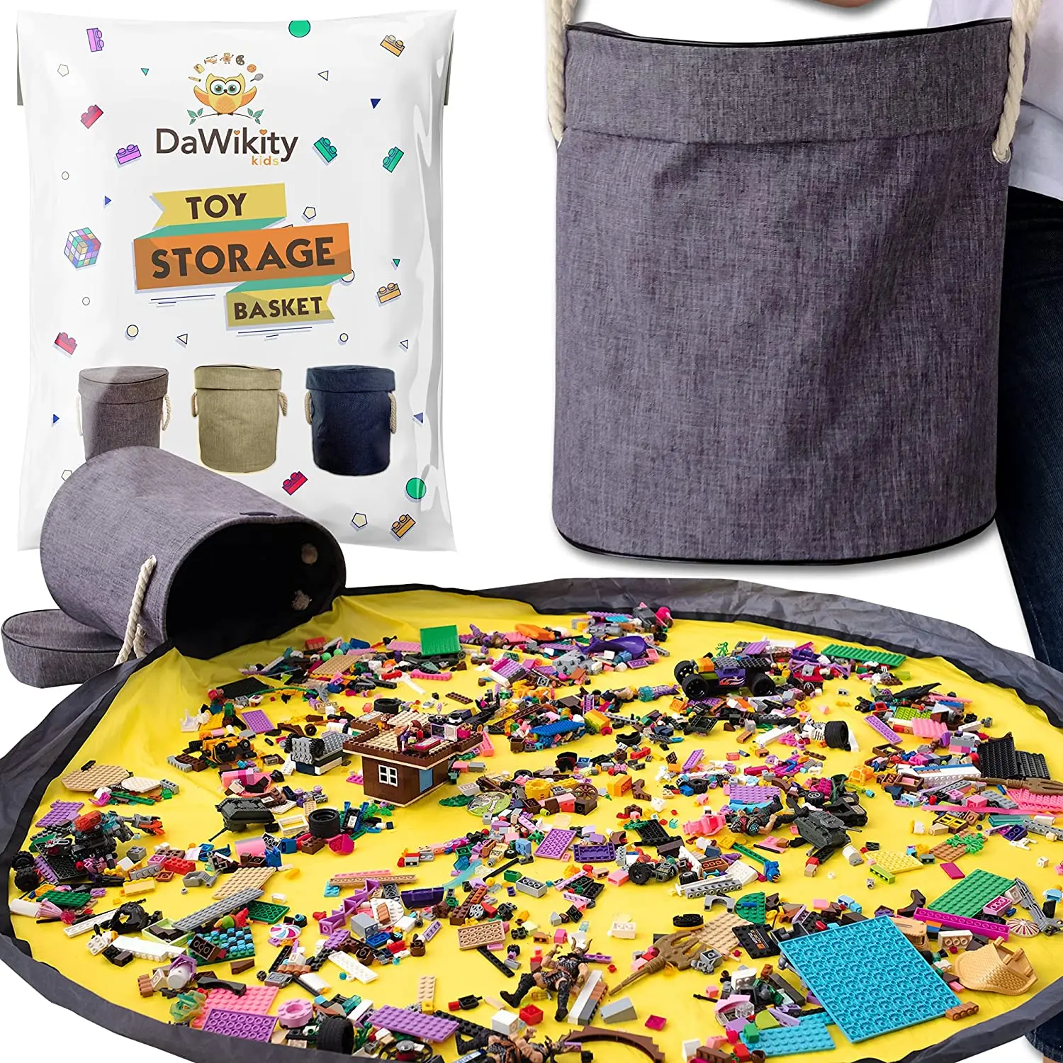 Toy Storage Basket and Play Mat Building Bricks Toy Storage Organizer bag Kids Canvas Bag Bin Drawstring Playmat Boy Girls