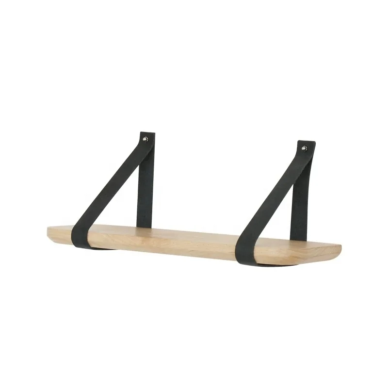 living room Wall Mounted Wooden Wall Hanging Wood Shelf floating Book Shelf with Leather Stra