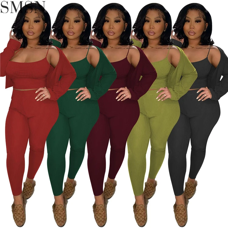Hot Selling Crop Top Cardigan Pants Fashion Rib Knit Clothes Outfits Fashion Three Piece Set Women Clothing 3 Piece Outfits