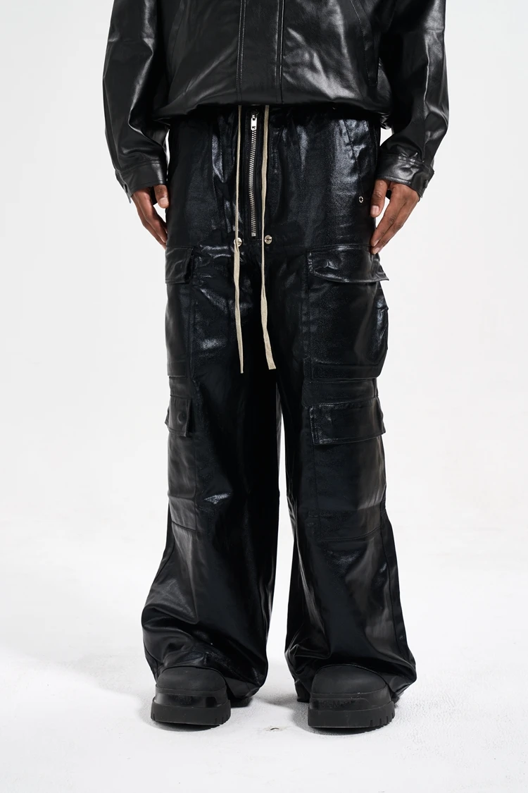 Custom label  drop ship  stock street wear stock baggy pants manufacturer men waxed stacked flared cargo pants