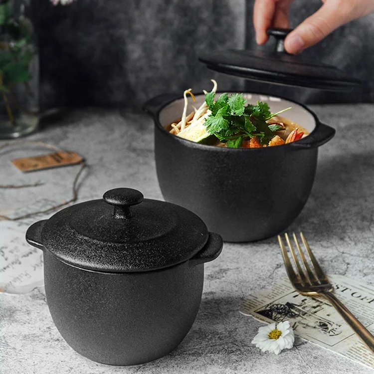 2022 New Arrival Home Used Food Warmer Casserole Cast Iron Look Black Tableware Mini Ceramic Casserole with Lid
