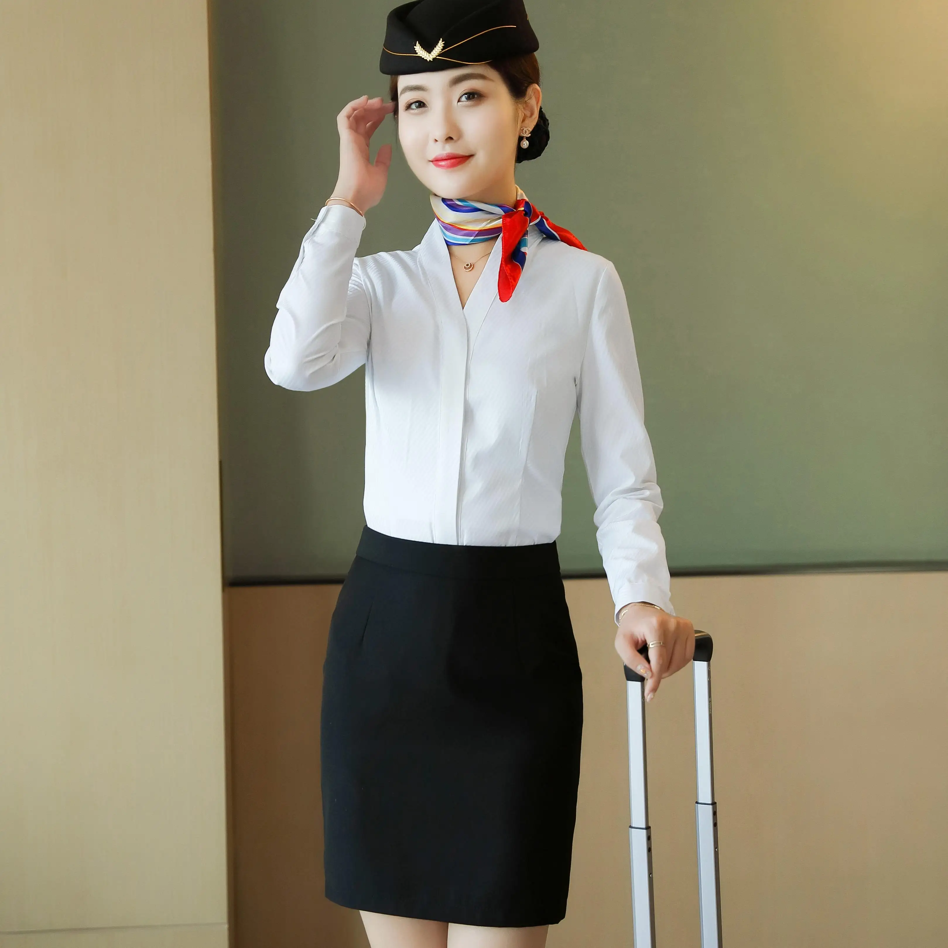white women stewardess dress uniforms flight attendants shirt pant skirt Flight airline Attendant uniform