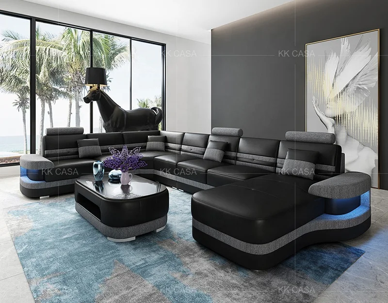 Luxury Modern Design Living Room Furniture Sets Stainless Steel Italian Leather U shaped Sofa 7 seater Set