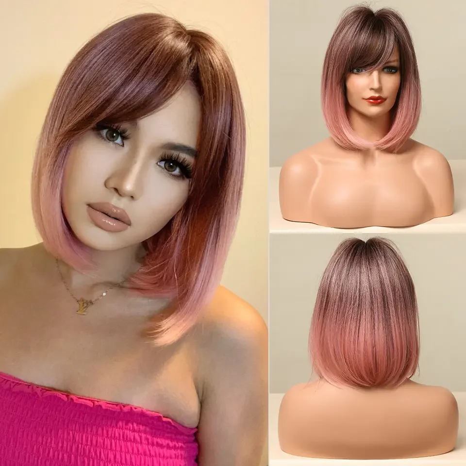 Hot Sale Full Lace Front Synthetic Wigs 613 Bob Ombre Brown Blonde Short Straight Women Daily Cosply Party Wigs