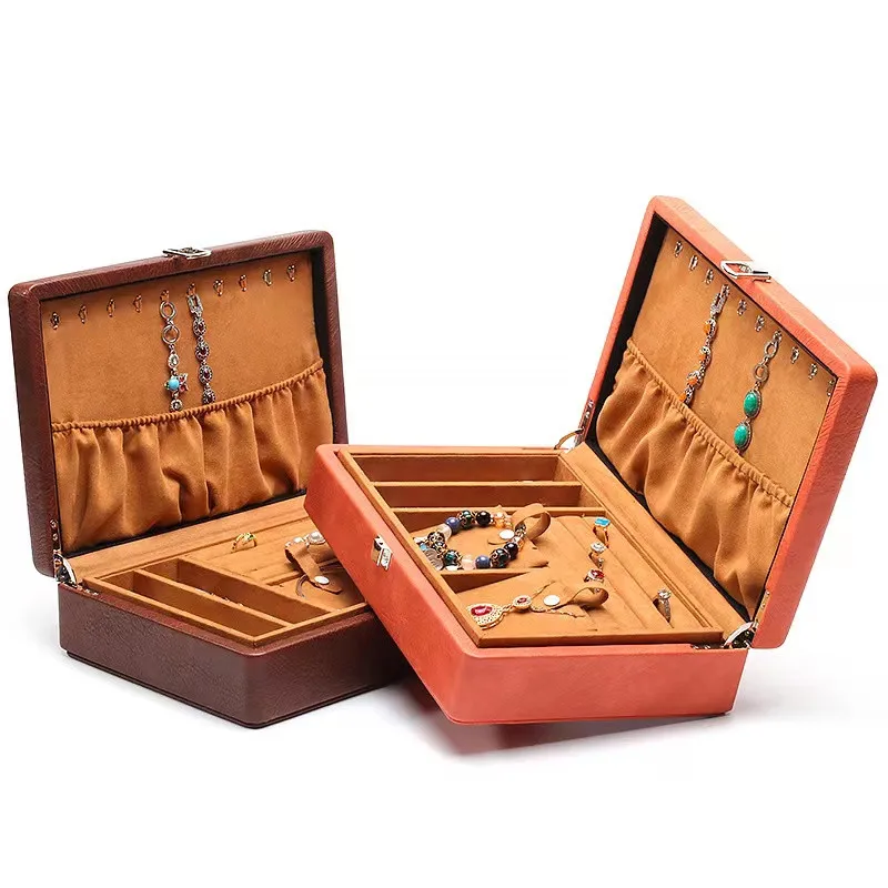 Luxury multifunctional vintage travel portable jewelry case PU leather suede organizer jewelry storage box case