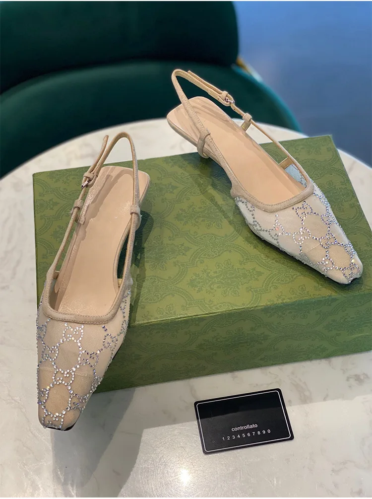 2024 Spring/summer new sexy square mesh hot water diamond and square heel sandal lady