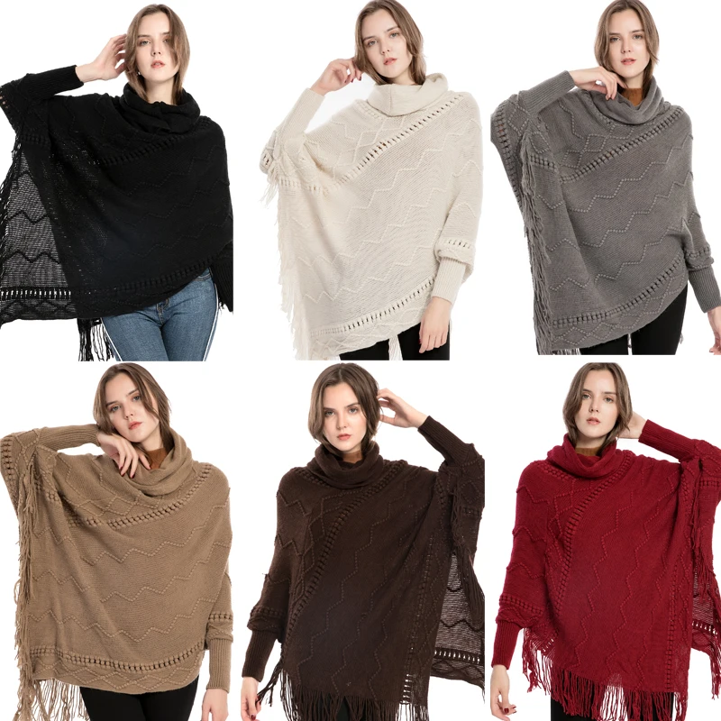
Winter fashion warm 100% acrylic turtleneck poncho sweater with sleeves irregular fluffy knit long sleeve shawl 