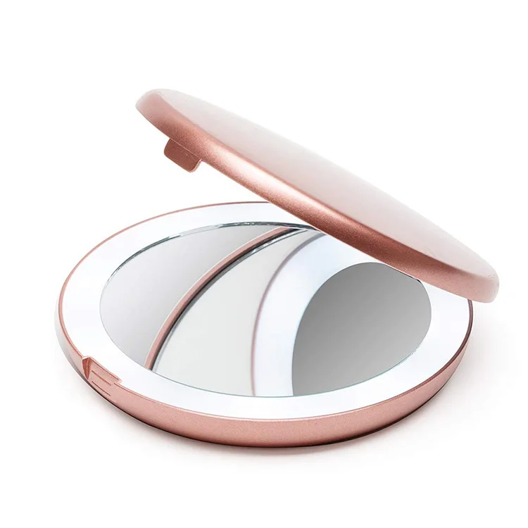 Hot Sale Round Pocket White Pink Black Makeup LED Mirror Folding 10X Magnifying Mirror