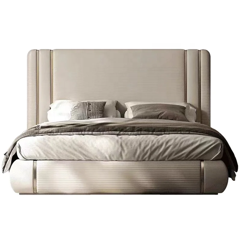 Popular modern design bedroom furniture soft beds light luxury home furniture white leather bed from foshan