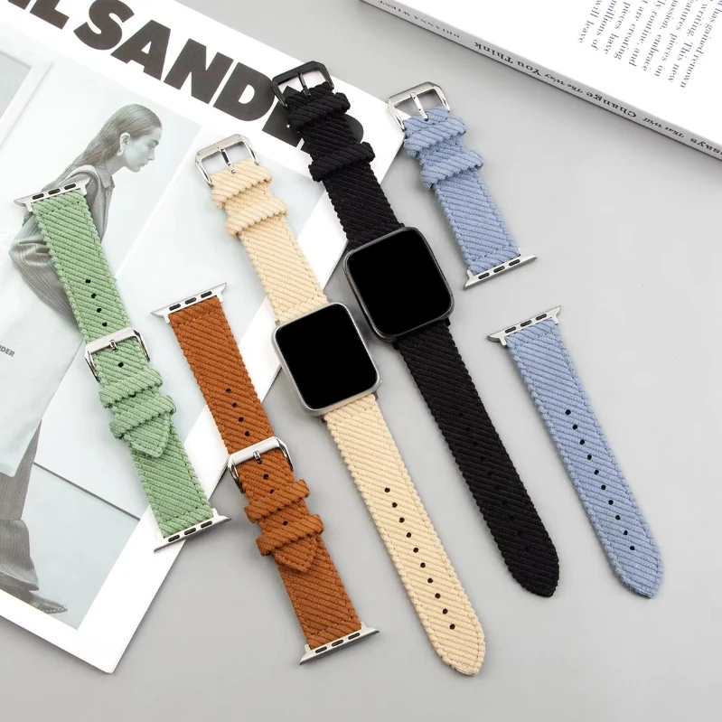 Women Men Adjustable Sport Braided Corduroy Velvet Woven Nylon Braided Loop Watch Band Strap For Smart Watch Series 49mm