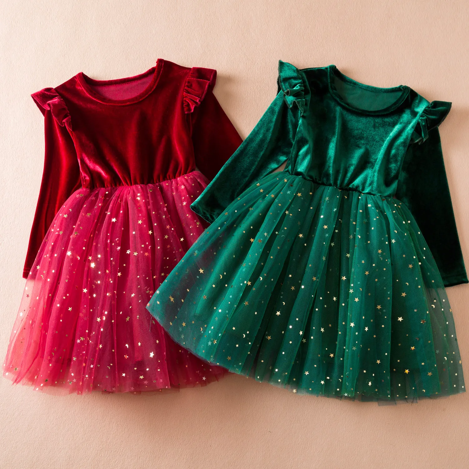 High quality autumn winter kids girls sequin dresses flutter velvet long sleeve glitter Christmas ruffle tulle princess dress