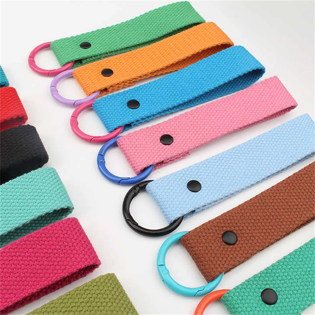 Korea Customized Cloth Keychain Canvas Kids Name Tag Keyring Leather Key Chain with Webbing