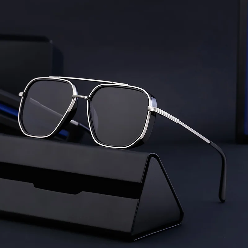 DOISYER High Quality Steampunk Double Bridge Metal Frame Square UV400 Shades Sun Glasses Sunglasses for Men