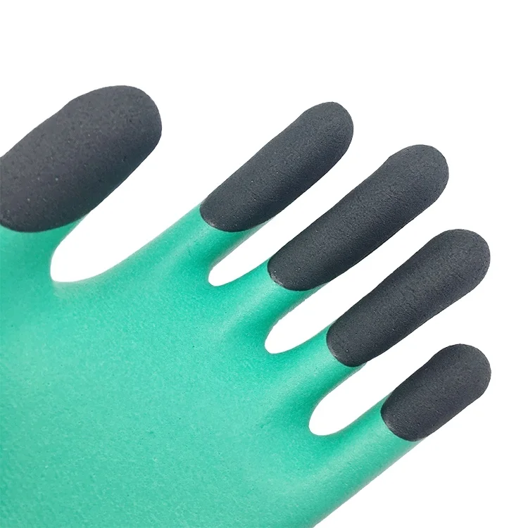 China made polyester Knitted green half latex coated Gloves with black finger