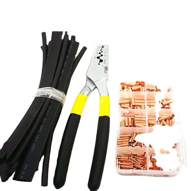 250 pcs Kit Copper Connecting Pipe Wire Joint Small Copper Tube Terminal Cable Lug Diameter 1.5-8mm with Heat Shrink Tube Plier