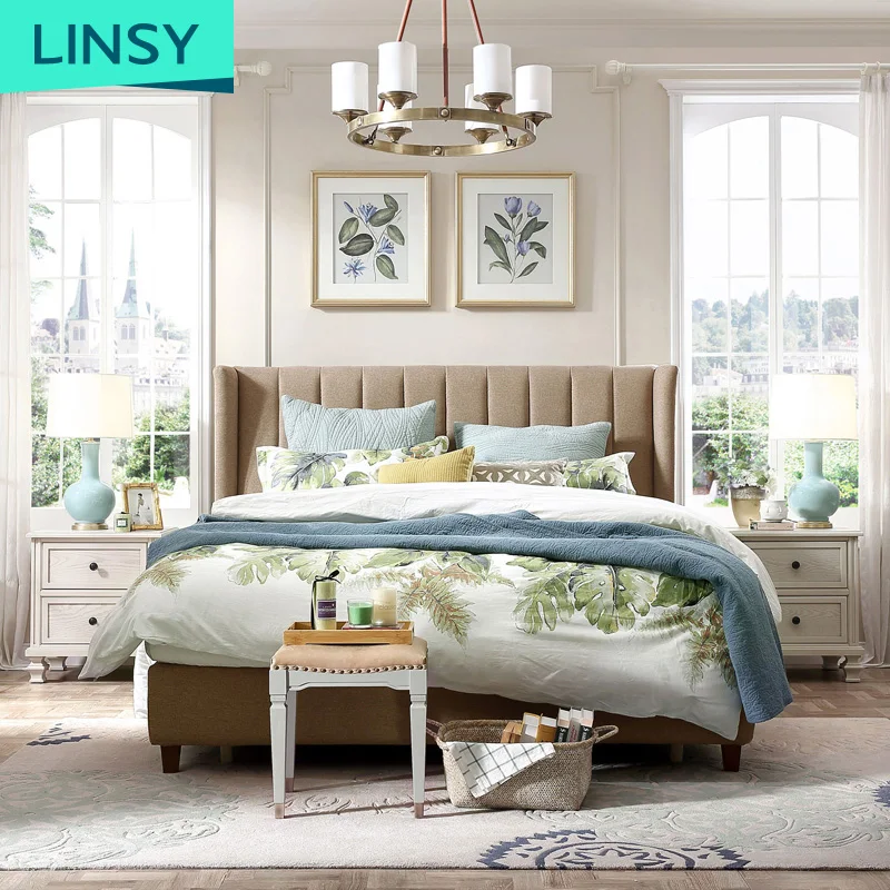 Double Bed and Mattress Set Style Room Wood Design Upholstered Fabric European Home Furniture Bedroom Furniture Soft Bed Modern