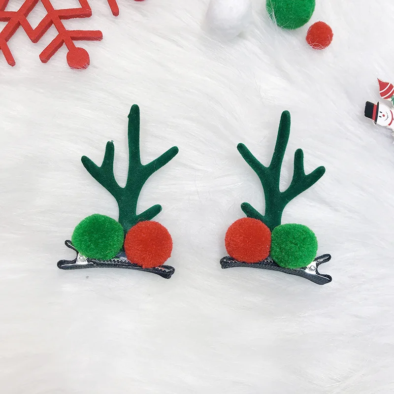 Christmas Super Cute Girl Three-color Small Antler Hair Clips And Headband With Red Green Hairballs
