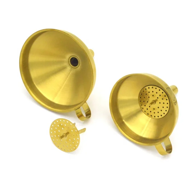 
Gold Copper Plated Stainless Steel Removable Strainer Filter Kitchen Bar Wine Liquid and Dry Ingredients Funnel with Handle 