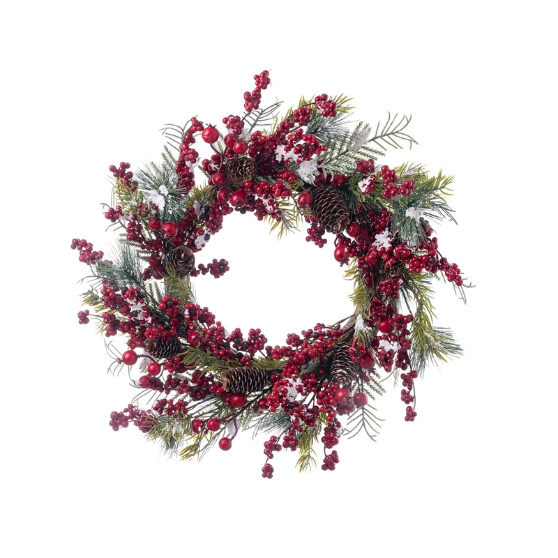 Christmas wreath red berry with snow pine needle pine cone home decor