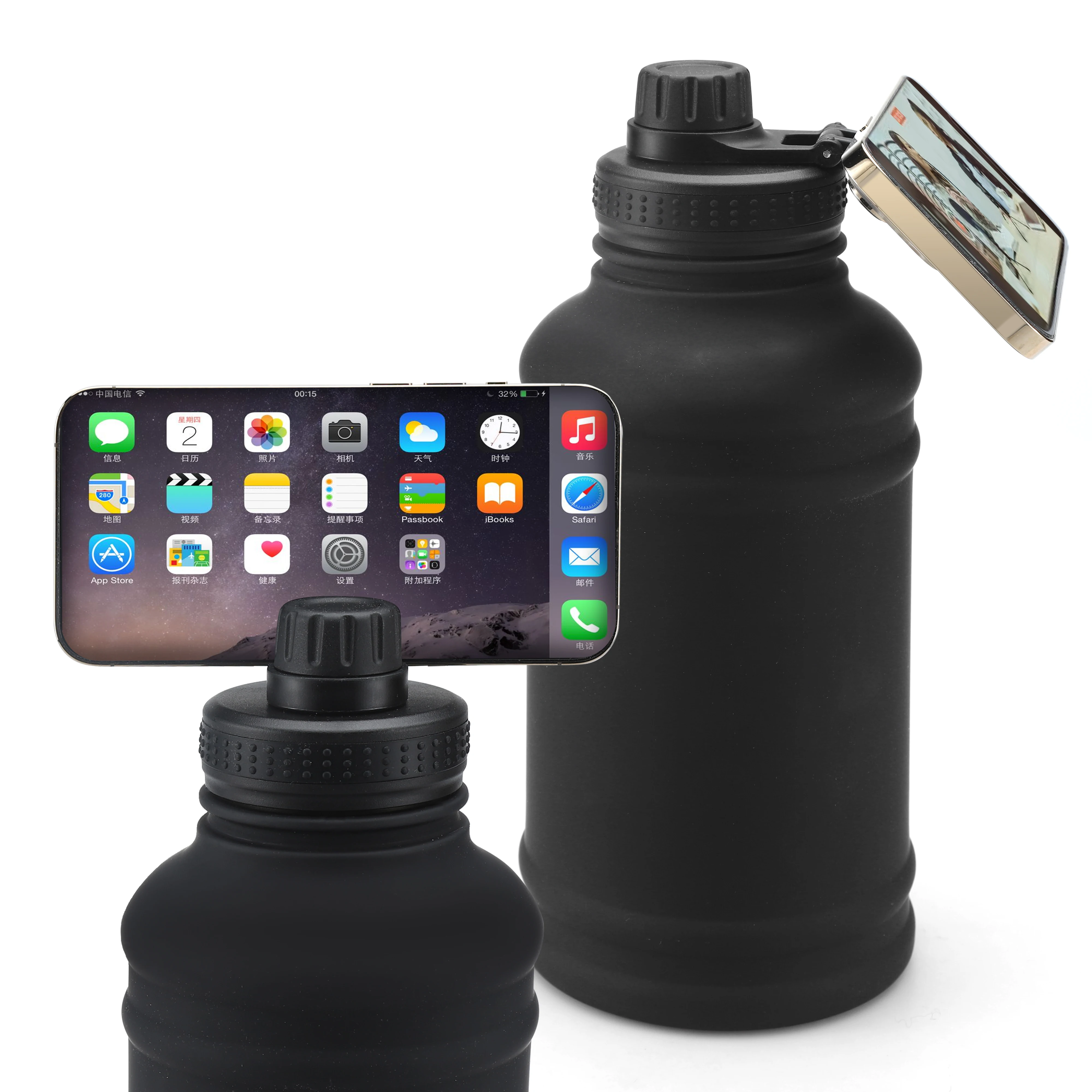 Stainless steel water bottle with Magnetic lid phone holder, Magnetic attraction your mobile phone, Adapt to multiple capacities
