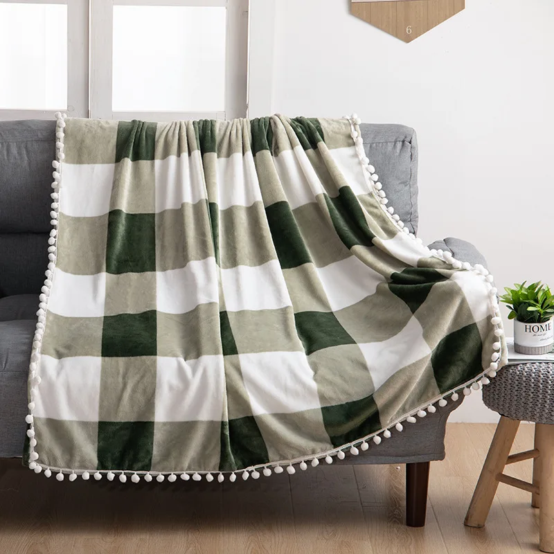 thick suitable Fringed balled checkered printed flannel Christmas blanket for four seasons sofa decoration