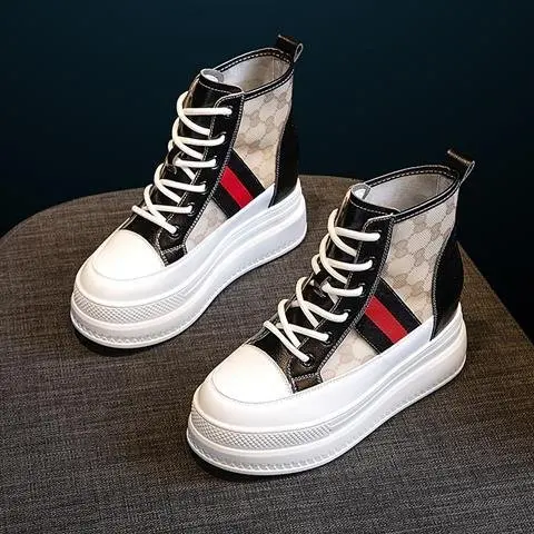 
Autumn women fashionable height increasing sneakers leather platform high cut classical canvas mesh shoes 
