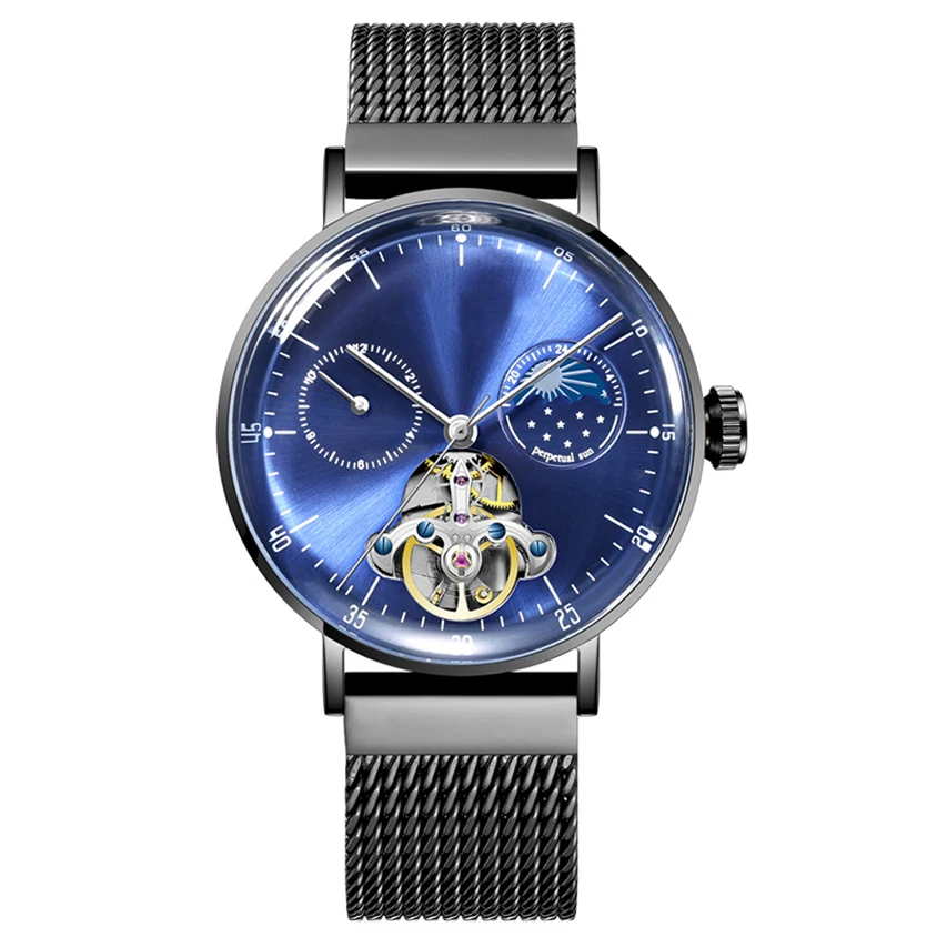 Popular stainless steel case sun-moon phase hollow mechanical men watch