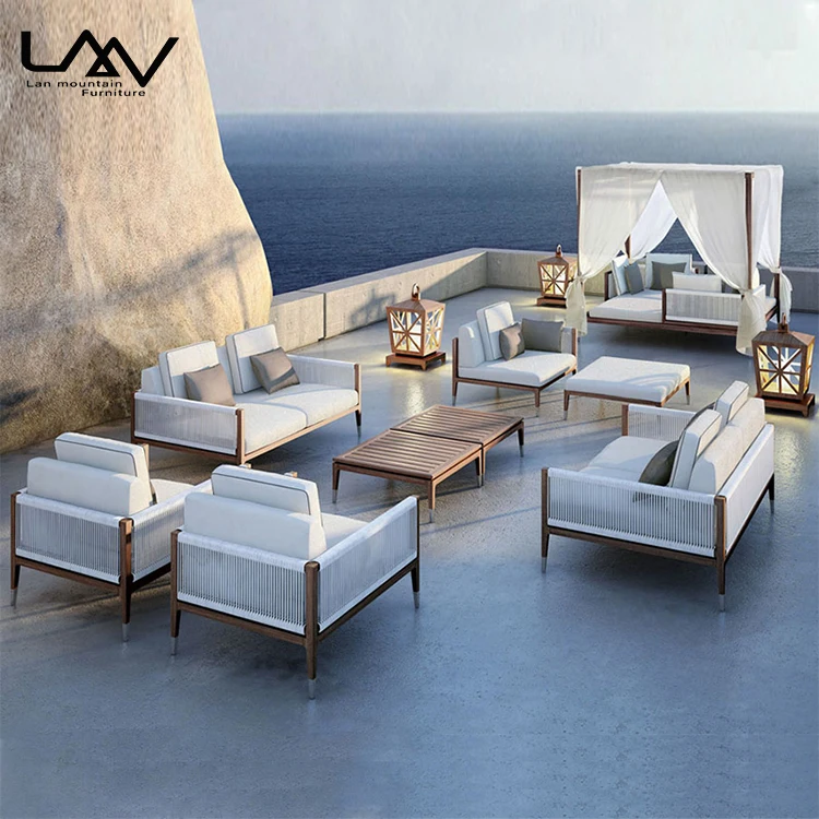 Luxury furniture all weather patio furniture outdoor teak wood furniture wooden garden set rope woven large sofa set