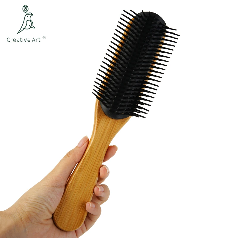 Customized Logo 9 Rows bamboo Nylon Pins Brush Natural Curly Hair Paddle Styling Hair Brush