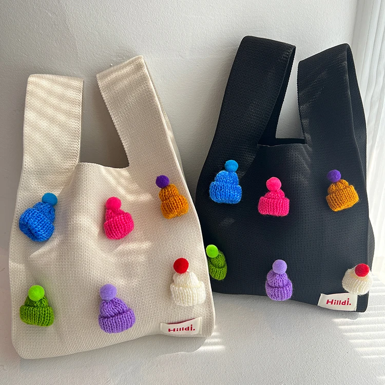 Cute Small Wallet Tote Bag Handmade Colorful Crochet Knitted Handbag With Mini Cap