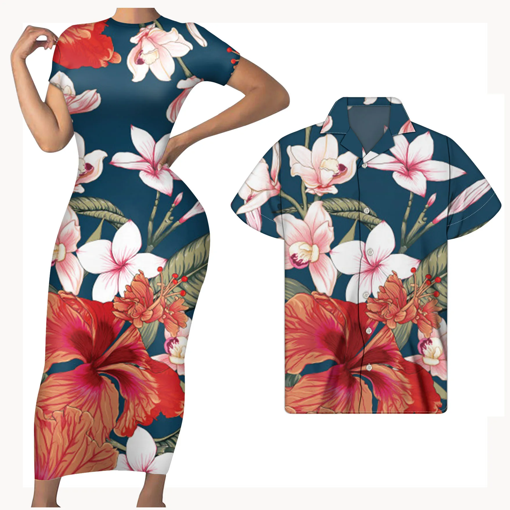 
Hawaiian Hibiscus Flower Printed Casual O neck Short Sleeves Slim Bodycon Midi Pencil Wedding Evening Hot Sale Dresses for Woman 
