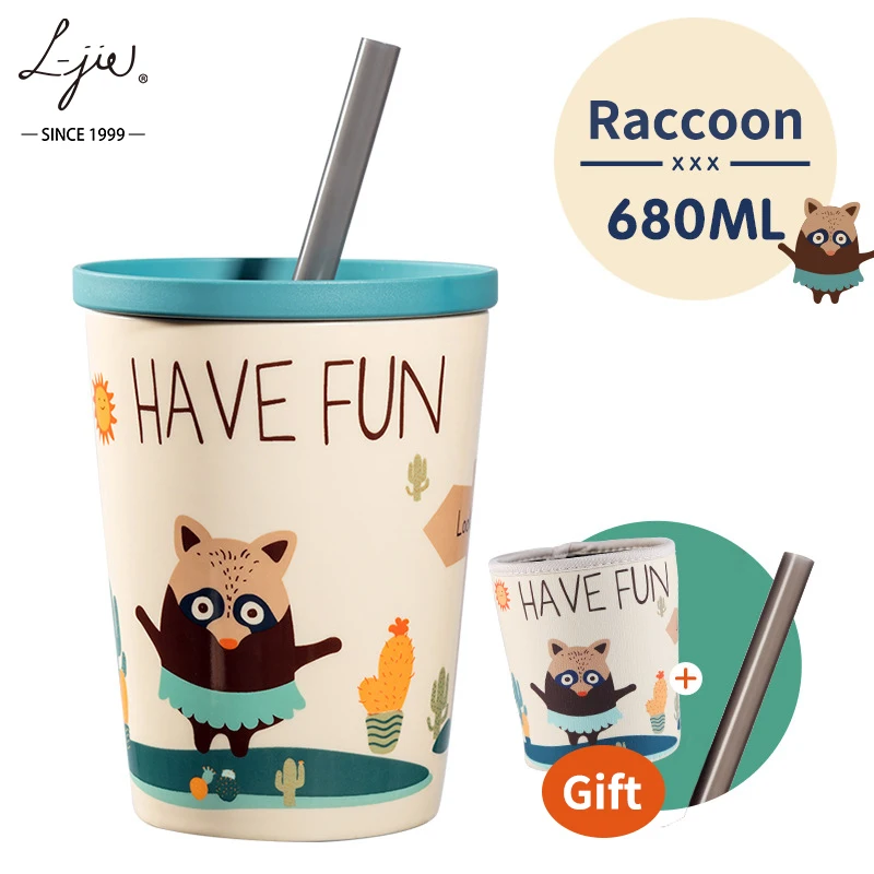 Wholesale Double Wall Drinking Cups Large Capacity Ceramic Travel Coffee Mug with Straw Lid and Spoon Packaging Boxes for kids