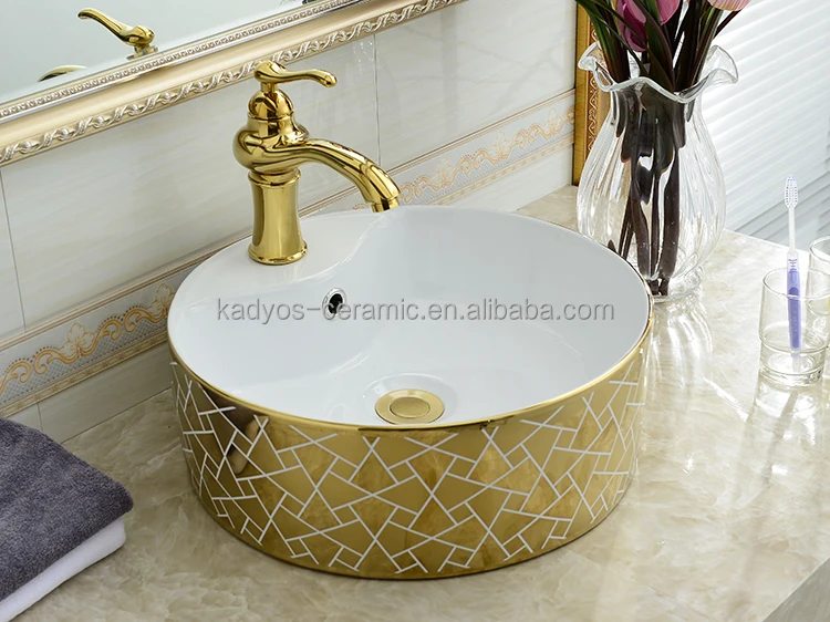 
KD-05GBI Golden Shining Ceramic Wash Art Basin Gold Plated Leaf Design Hotel Bathroom Hand Wash Basin 