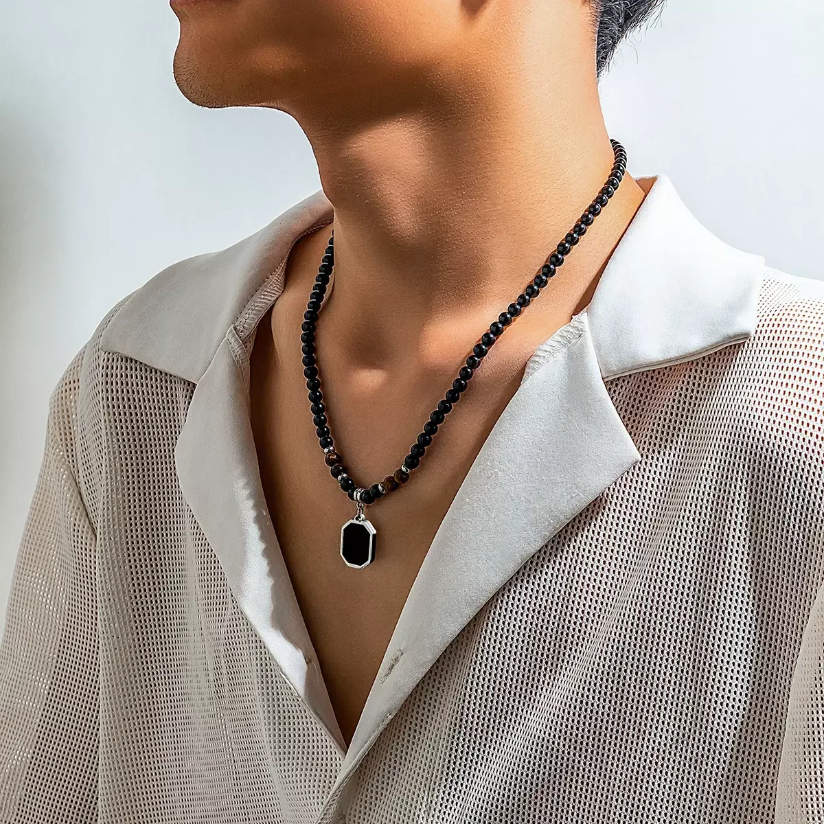 Hip Hop Stone Beaded Chains with Black Square Pendant Necklace for Men Trendy Street Stainless Steel Accessories Fashion Jewelry