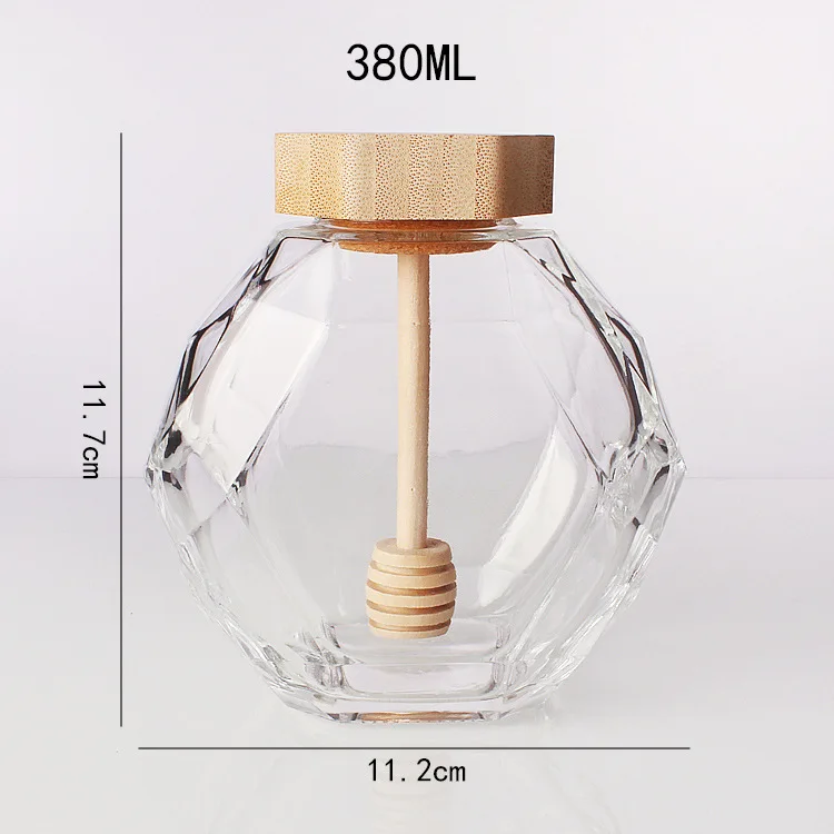 Luxury New Design 200ml  380ml Hexagonal Shape Empty Glass Honey Jar Food Storage Jar with Wooden Cap and Dipper