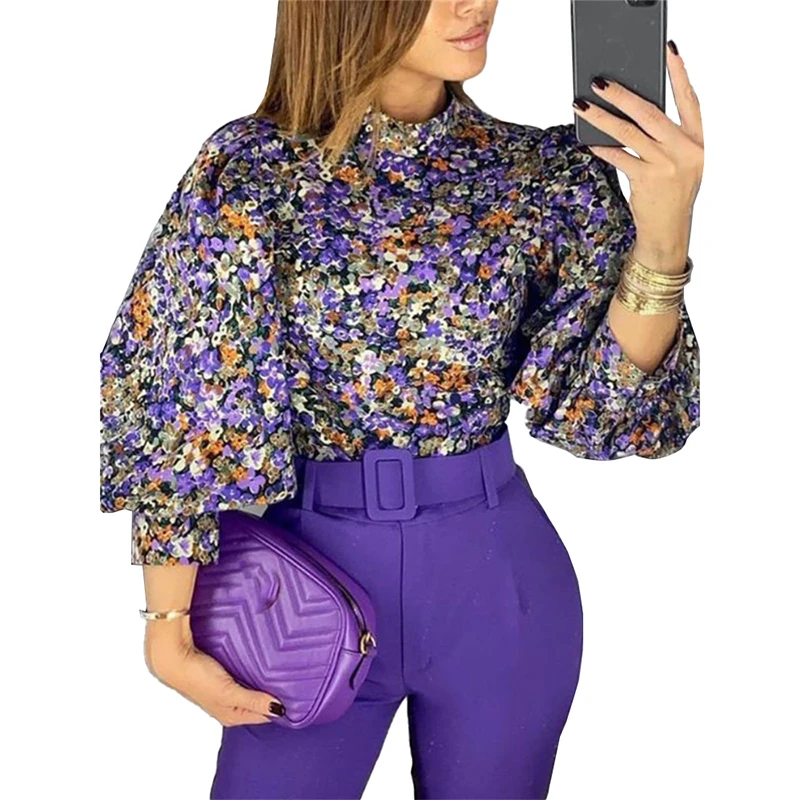 Autumn Purple Printed Turtleneck Lantern Sleeves Floral Lady Blouses