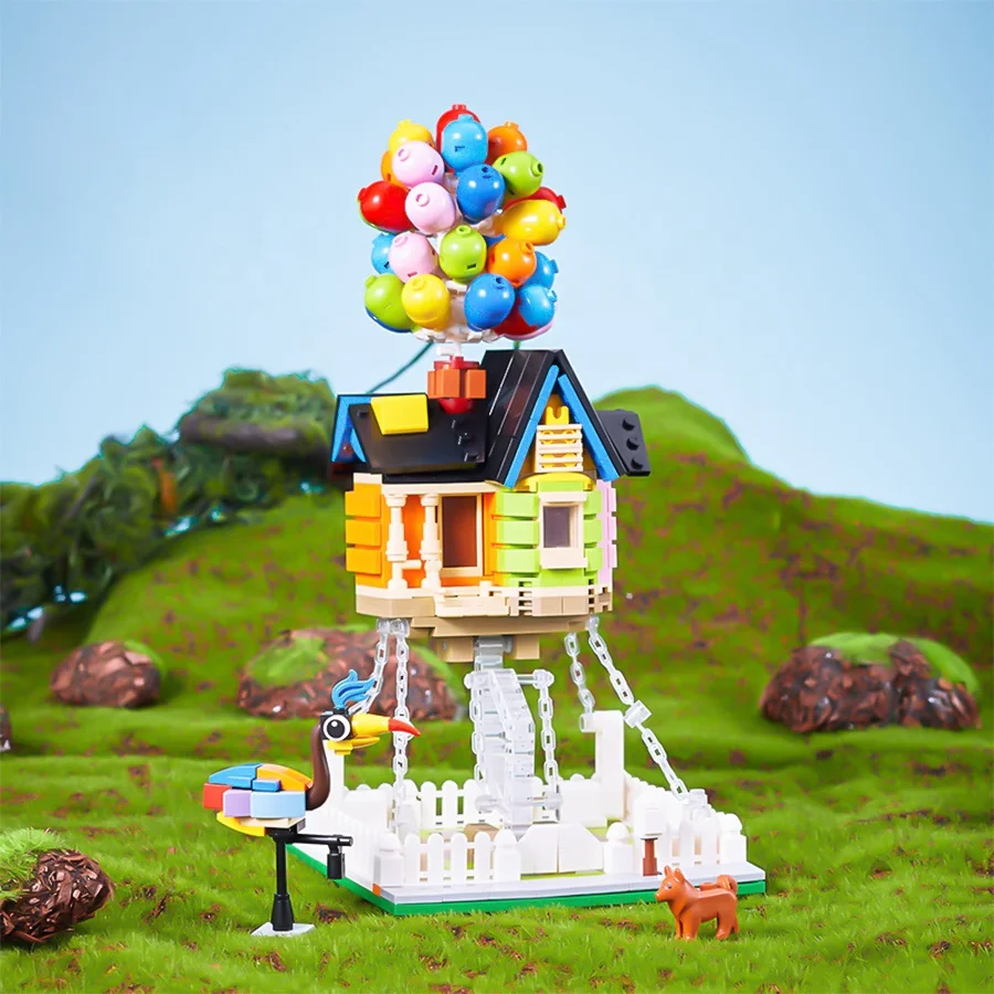 Cute Unisex DIY Toy Flying House with Balloons Plastic Model Building Block Sets Construction Toys for Kids