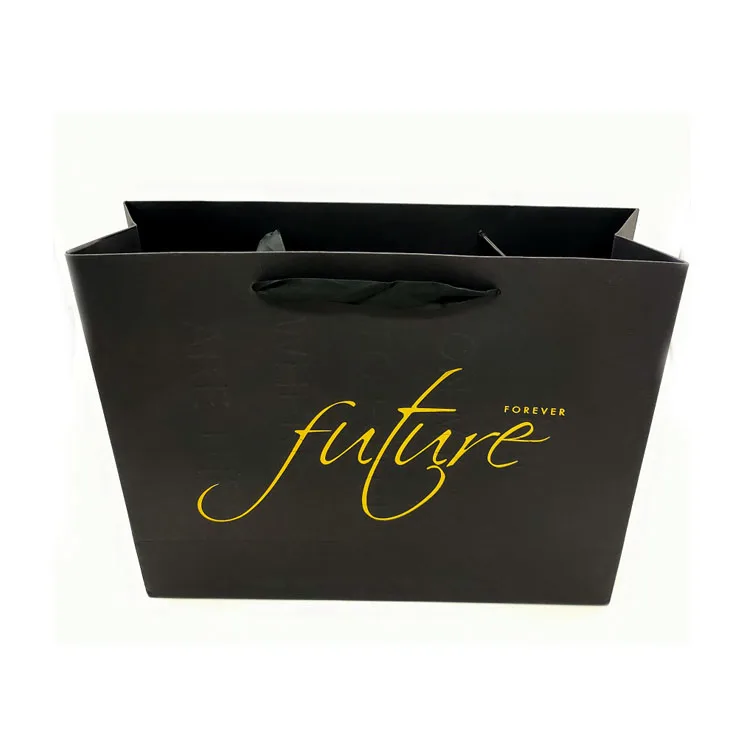 Оптовая продажа с фабрики, Роскошная золотая фольга, Черная бумажная сумка для покупок с логотипом