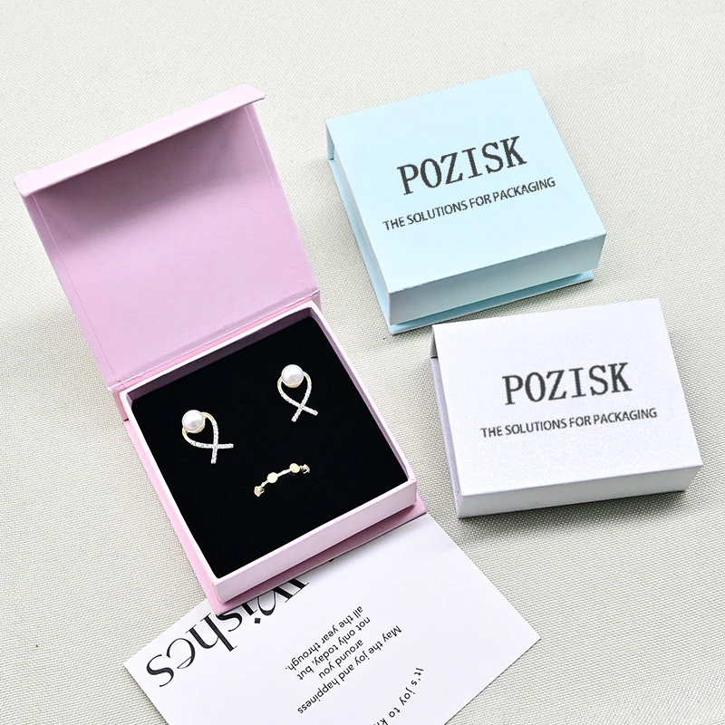 Custom luxury pink white blue small magnetic closure paperboard ring necklace jewelry gift packaging box with logo