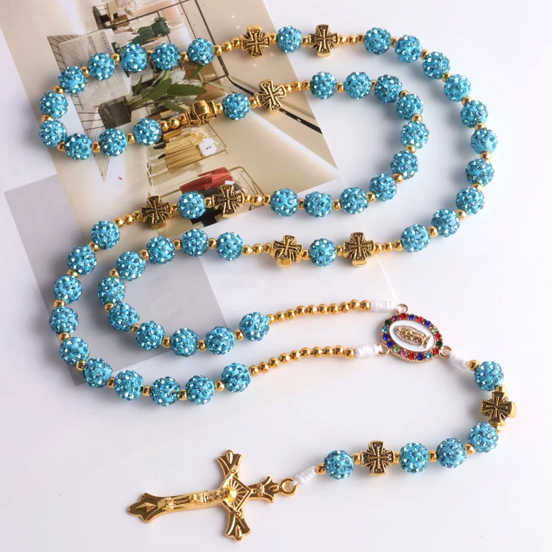 JC New design rosary chain high quality 10mm glass rhinestone ball catholic rosary necklace