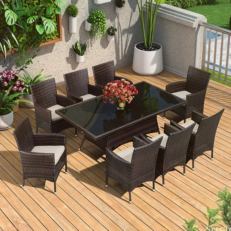 Modern Design Wicker Rattan Aluminum Furniture Dinning Table and Chair Set for Garden Outdoor Backyard